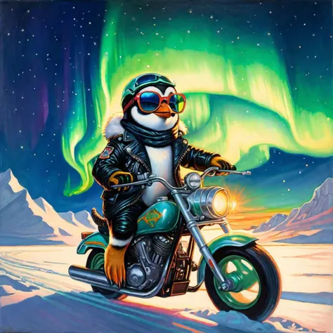 Photo of a chibi hip penguin, sunglasses, riding a motorcycle across the South Pole, Northern lights borealis, art by J.C. Leyendecker, Canon 5d Mark 4, Kodak Ektar, neon light