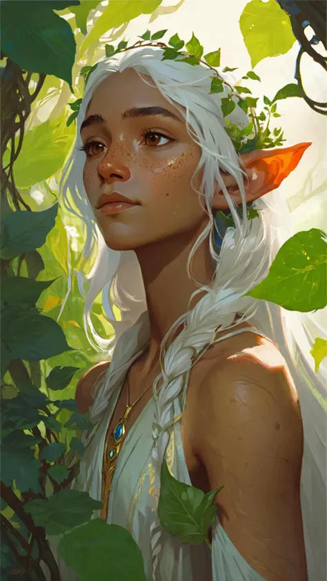 arwynn serene elf, slanted eyes, majestic, royal, freckles,, tanned skin, pointed ears, silver hair, nature, clothed in leaves and vines, brown lips, circlet, royal, 18yo, (Cedric Peyravernay:1.1)(greg rutkowski, loish, rads, beeple, makoto shinkai and lois van baerle, ilya kuvshinov, rossdraws, tom bagshaw, alphonse mucha:1),
BREAK,
graphic design, digital painting, artstation, concept art, skin imperfections, clear focus, illustration, global lighting, detailed and complex environment, fantasy, (malar creases:1.1),freckles