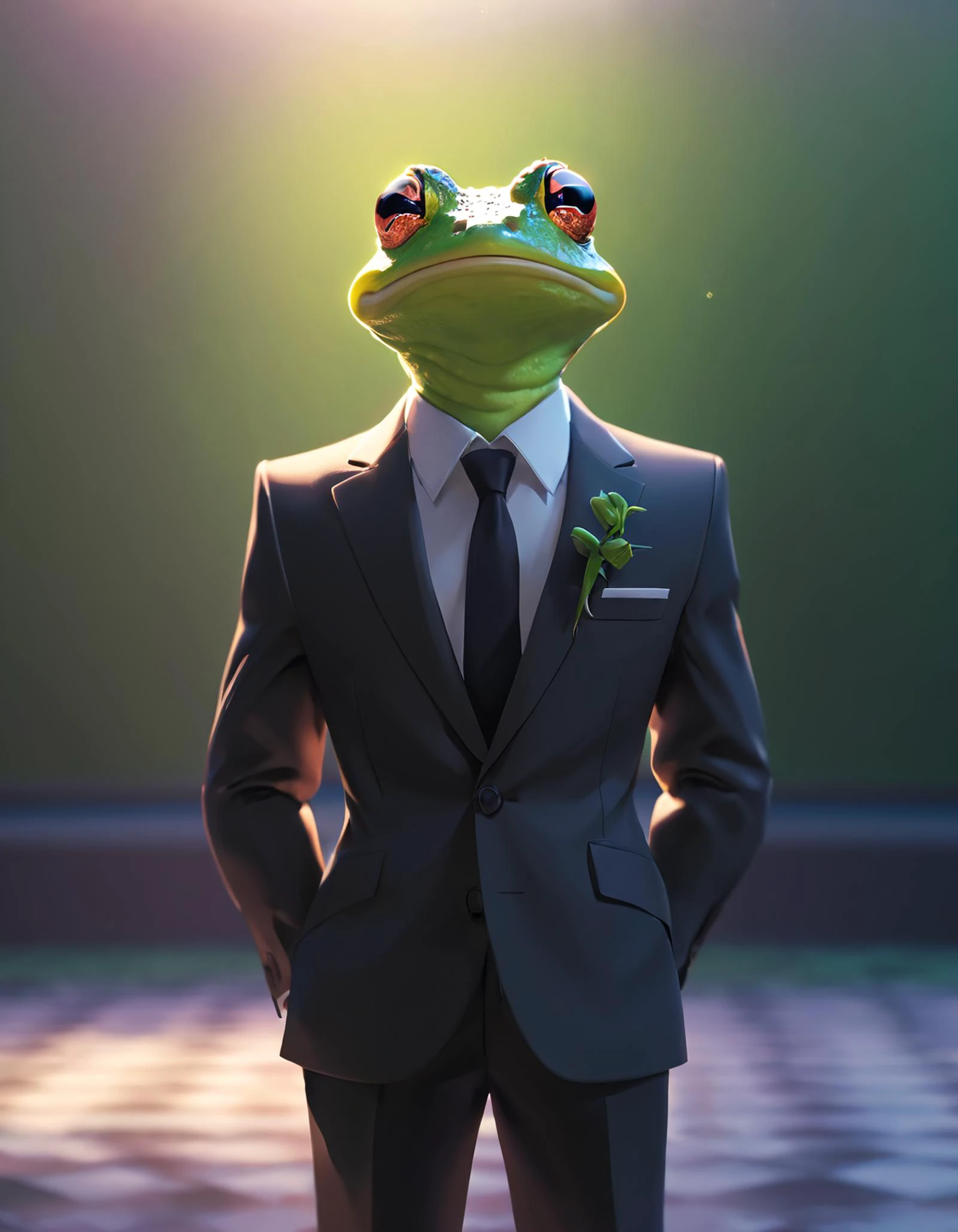 a frog wearing a suit, cinematic lighting, detailed, cell shaded, 4 k, warm colours, concept art, by wlop, ilya kuvshinov, artgerm, krenz cushart, greg rutkowski, pixiv, cinematic dramatic atmosphere, sharp focus, volumetric lighting, cinematic lighting, studio quality