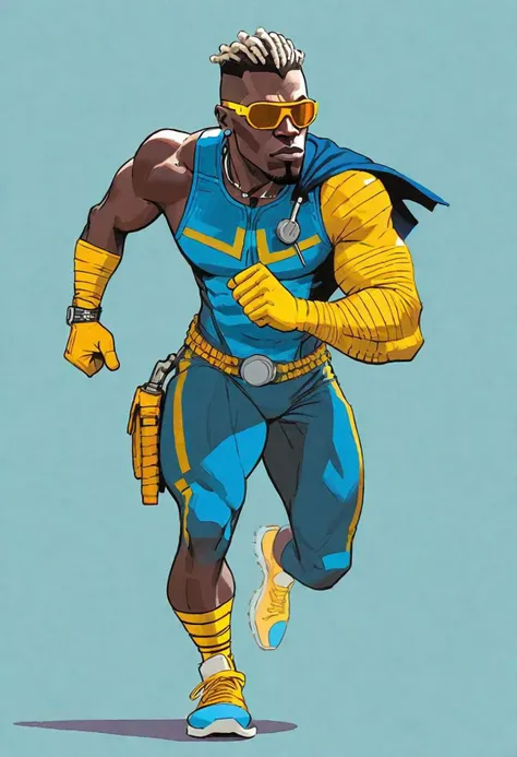 comic sketch of super hero with super speed, African American, track sprinter, tactical gear, chest armor, compression sleeves, DK Metcalf build, cornrow dread fade haircut, bleached hair, polarized shades, light blue and yellow colors, support hero, (Tasteful fuision of the art styles of Mike Mignola, Robert Kirkman, Simon Stlenhag, and Gen Zee,) bright colors, high quality, 8k