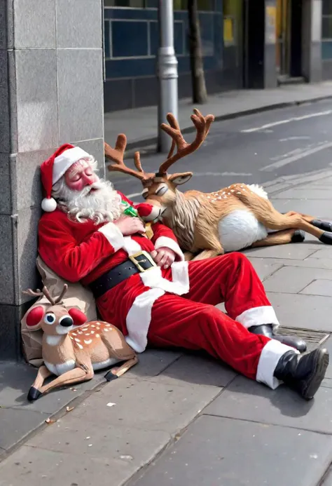 Homeless Drunk Santa Claus sleeping rough on the street with Rudolph the red-nosed reindeer
