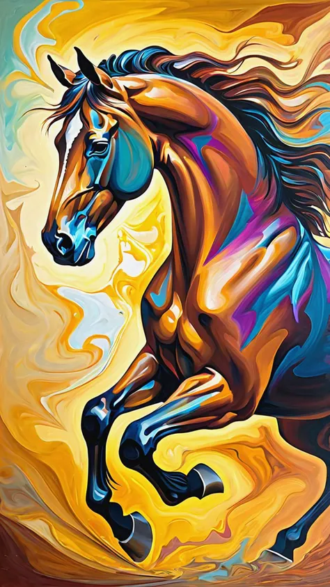 abstract expressionist painting of an award-winning photo of an (horse), hyperrealistic, energetic brushwork, bold colors, abstract forms, expressive, emotional, sharp focus, fractal, colorful, sharp focus, depth of field, best quality, 16k resolution, Raw photo, realistic, cinematic lighting, soft shadows, sharp focus, fractal, colorful, depth of field, best quality, 16k resolution,, <lora:add-detail-xl:1>