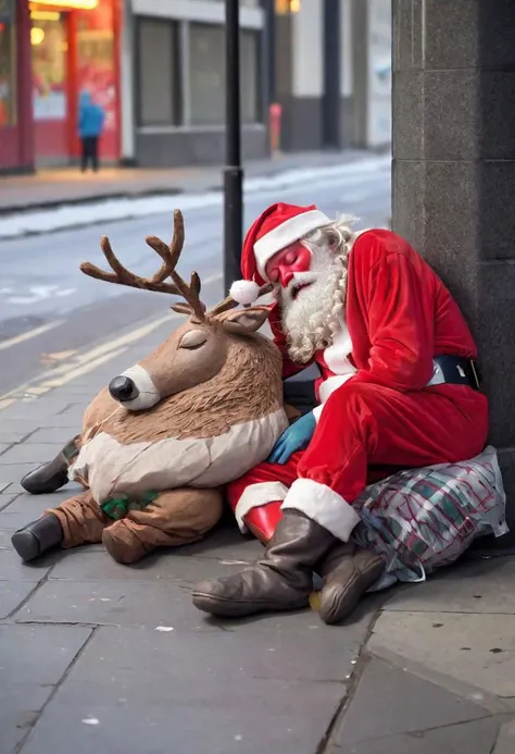 Homeless Drunk Santa Claus sleeping rough on the street with Rudolph the red-nosed reindeer