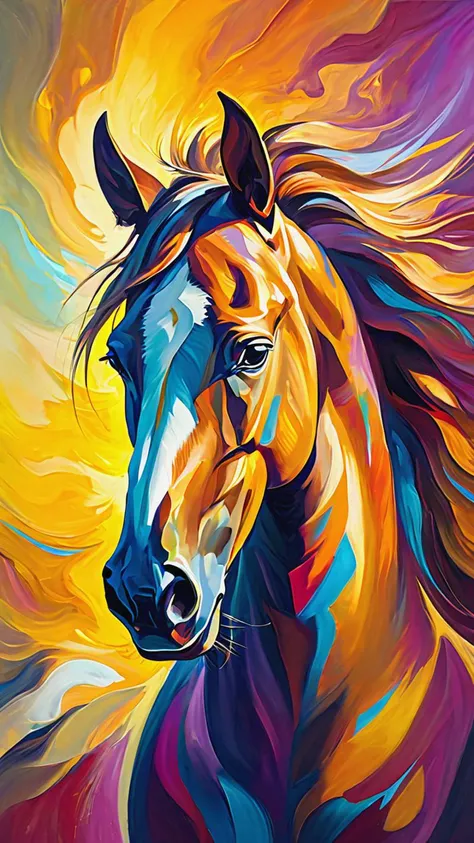 abstract expressionist painting of an award-winning photo of an (horse), hyperrealistic, energetic brushwork, bold colors, abstract forms, expressive, emotional, sharp focus, fractal, colorful, sharp focus, depth of field, best quality, 16k resolution, Raw photo, realistic, cinematic lighting, soft shadows, sharp focus, fractal, colorful, depth of field, best quality, 16k resolution,, <lora:add-detail-xl:1>