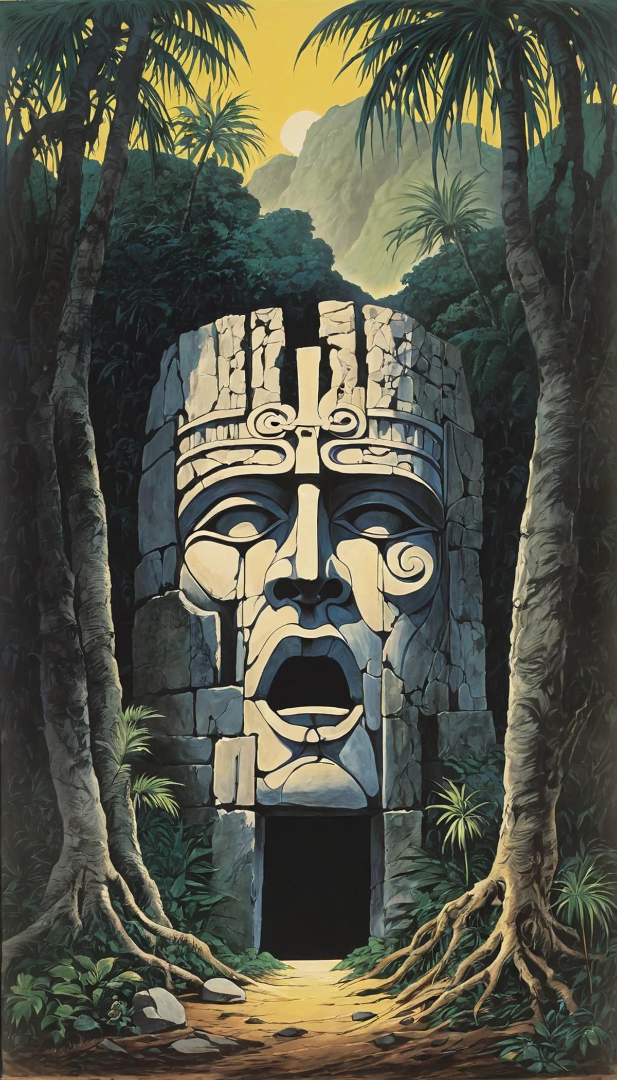 large stone sculpture of a face, in agony, mouth agape, (agony, expression of pain:1.5), backdrop of tropical island,
grimoire_noir, <lora:grimoire_noir:1>