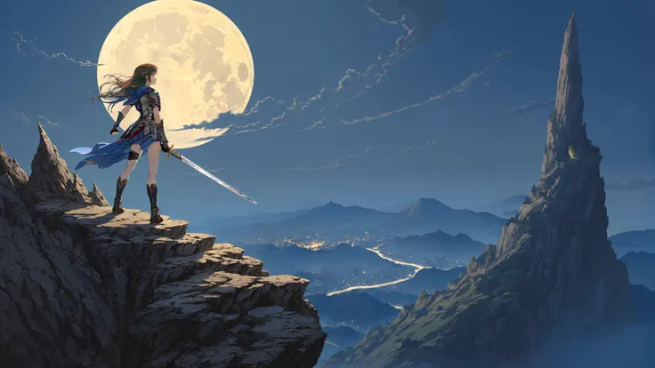 (masterpiece, best quality), 1girl adventurer, sword, hill, fantasy, huge moon, cliff, new land, explore, by Yoshitaka Amano, intricate details, 8k, artstation, wallpaper, official art,
