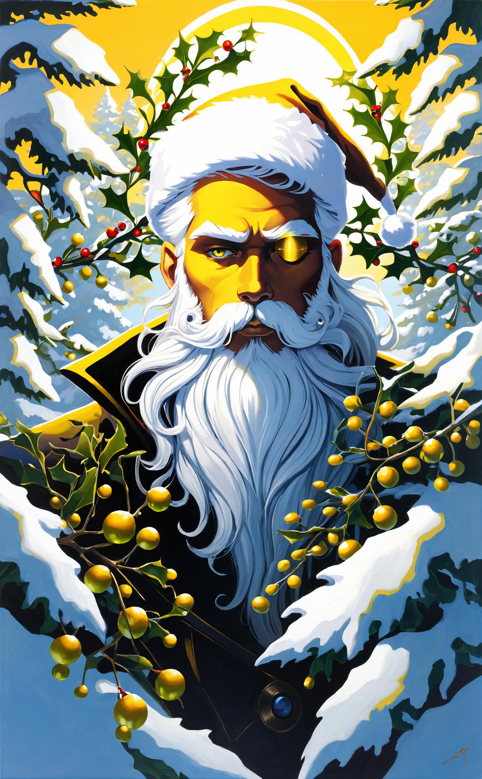 A painting of a man with a beard and a beard in the snow - SeaArt AI