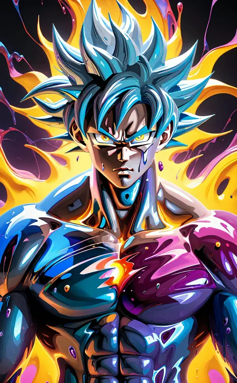 Goku ultra instinct,dbz style,jjba style,death note style,ultra detailed artistic abstract photography of liquid lust,detailed captivating eyes on molten statue,asymmetrical,gooey liquid hair,color exploding lips,highly refractive skin,Digital painting,colorful,volumetric lighting,8k,by Cyril Rolando,by artgerm,Trending on Artstation,16k resolution,300 dpi,600 dpi,4k,Contest winner,High definition,detailed,realistic,8k uhd,high quality,