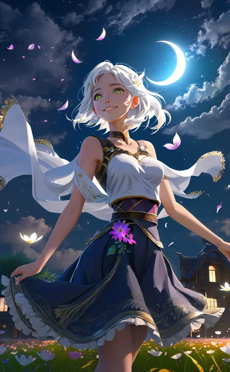 masterpiece, best quality,
1girl, (colorful),(finely detailed beautiful eyes and detailed face),cinematic lighting,bust shot,extremely detailed CG unity 8k wallpaper,white hair,solo,smile,intricate skirt,((flying petal)),(Flowery meadow)
sky, cloudy_sky, building, moonlight, moon, night, (dark theme:1.3), light, fantasy,
