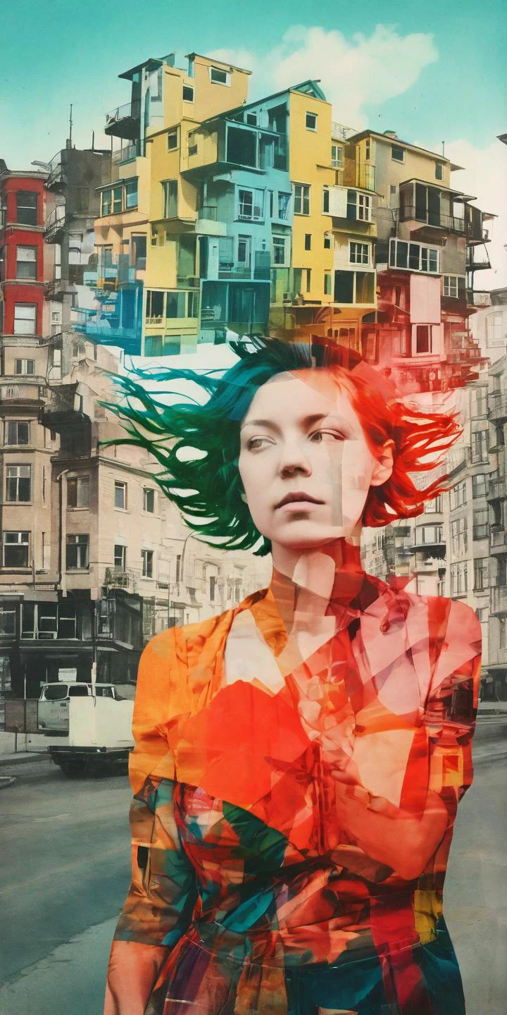 deconstructed portrait photography, Thinking woman, mixed media dadaism style. Layers of bright color. Double exposure buildings. <lora:DeconDada-000008:1.4> <lora:Double_Exposure:0.5>