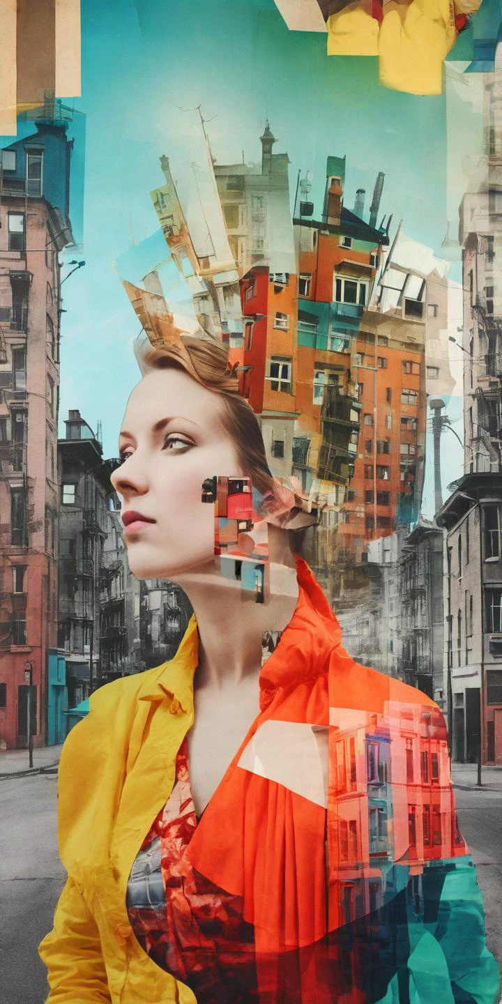 deconstructed portrait photography, Thinking woman, mixed media dadaism style. Layers of bright color. Double exposure buildings. <lora:DeconDada-000008:1.4> <lora:Double_Exposure:0.5>