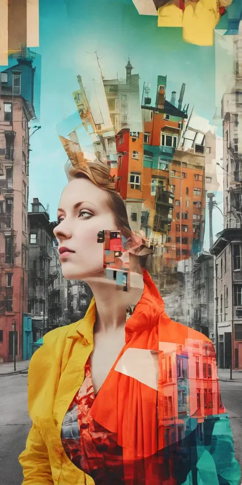 deconstructed portrait photography, Thinking woman, mixed media dadaism style. Layers of bright color. Double exposure buildings. <lora:DeconDada-000008:1.4>  <lora:Double_Exposure:0.5>