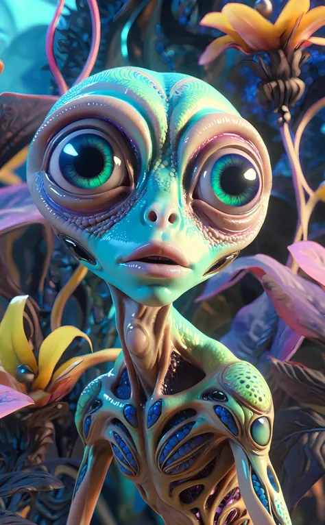 1alien,solo,big eyes,intricate details,skin that changes colors like a chameleon,fluid-like motion,expressive eyes,surreal background,with otherworldly flora,insane details,aesthetic,octane render,