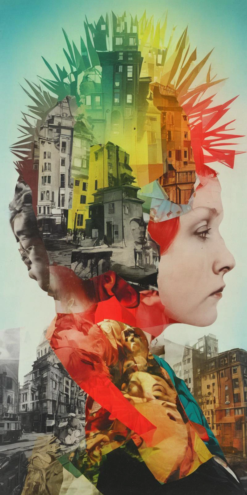 deconstructed portrait photography, Thinking woman, mixed media dadaism style. Layers of bright color. Double exposure buildings. dada. <lora:DeconDada-000008:1.8> <lora:Double_Exposure:0.5>