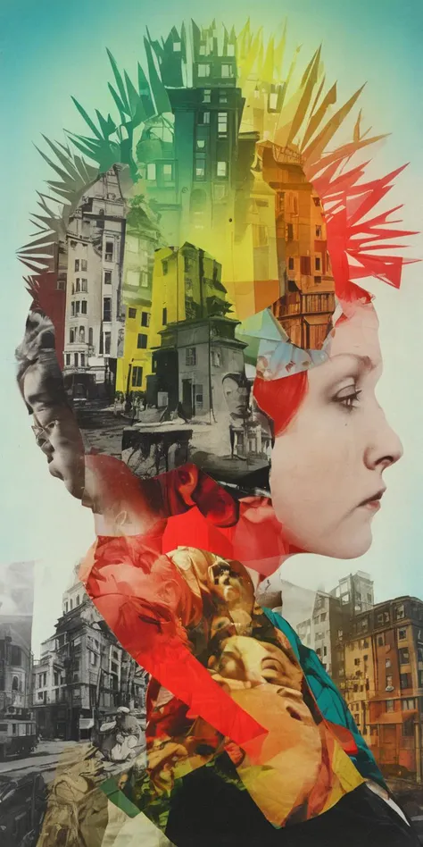 deconstructed portrait photography, Thinking woman, mixed media dadaism style. Layers of bright color. Double exposure buildings. dada. <lora:DeconDada-000008:1.8>  <lora:Double_Exposure:0.5>