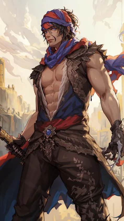 medieval pirate (masterpiece,best quality,most absurd ), 1 Mann, muscular, detailled eyes, blue eyes,, runs to the camera, shirtless, bald head with headscarf, ((White background)), full body pose