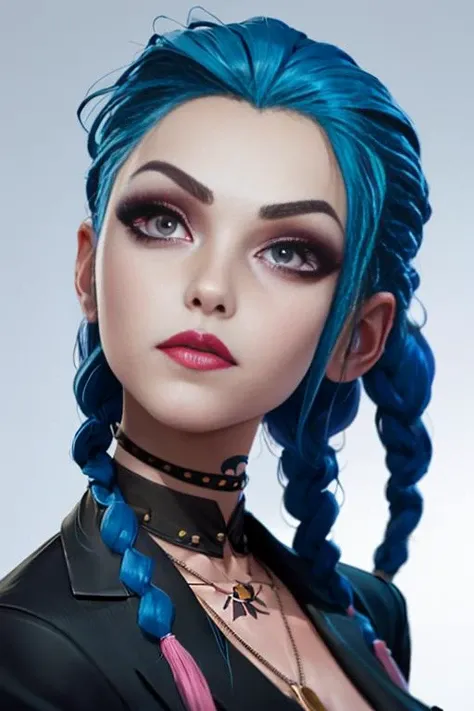 high quality, jinkesi_quan,jinkesi_lian,1 girl,with simple background,( Long side part bangs),blue hair, tattoos, (pink eyes), (double braids), ((long braids)) ((raised eyebrows)) looking at audience
(black frilly tie), white collared shirt, black suit.
Necklace, Portrait, Shiny, (Original)
, (masterpiece), (illustration), (extremely fine and beautiful), perfect detail, realistic, (nice clear background: 1.25), (depth of field: 0.7), (beautiful face), casual, <lora:jinkesi_x-000007:1>.