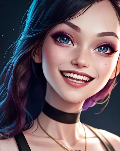 high quality, jinkesi_quan,jinkesi_lian,1girl, simple background,
smile, teeth, looking at viewer, open mouth, bare shoulders, choker, necklace, jewelry, makeup, black choker, portrait, shiny,Side bangs
Original, (masterpiece), (illustration), (extremely fine and beautiful), perfect detail, realistic, (nice clear background: 1.25), (depth of field: 0.7), (beautiful face), casual, <lora:jinkesi_x-000007:0.8>
