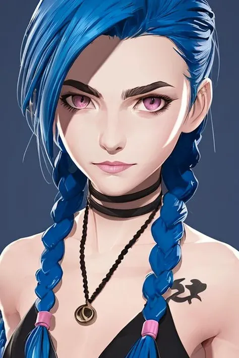 high quality, jinkesi_quan,jinkesi_lian,1 girl,with simple background,blue hair, tattoos, (pink eyes), (double braids), ((long braids)) ((raised eyebrows)) looking at audience
(black frilly tie), white collared shirt, black suit.
Necklace, Portrait, Shiny, (Original)
, (masterpiece), (illustration), (extremely fine and beautiful), perfect detail, realistic, (nice clear background: 1.25), (depth of field: 0.7), (beautiful face), casual,
<lora:jinkesi_x-000007:0.8> <lora:jinx-000001:0.2>