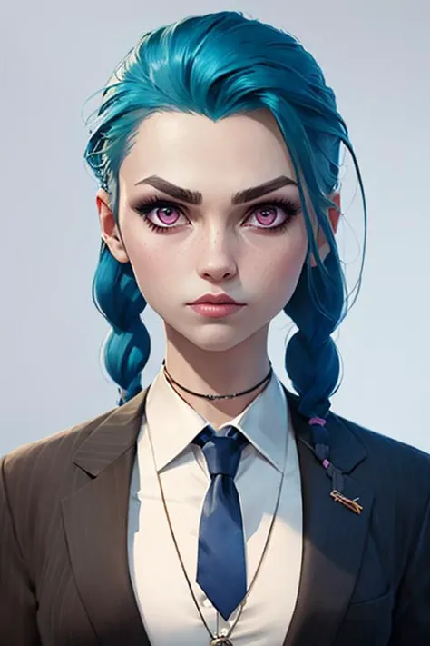 high quality, jinkesi_quan,jinkesi_lian,1 girl with simple background, (side bangs), blue hair, tattoos, (pink eyes), (double braids), ((long braids)) ((raised eyebrows)) looking at audience
(black frilly tie), white collared shirt, black suit, school uniform
pendant, necklace, jewelry, portrait, shiny, (original)
original, (masterpiece), (illustration), (extremely fine and beautiful), perfect detail, realistic, (nice clear background: 1.25), (depth of field: 0.7), (beautiful face), casual, <lora:jinkesi_x-000007:0.8>.