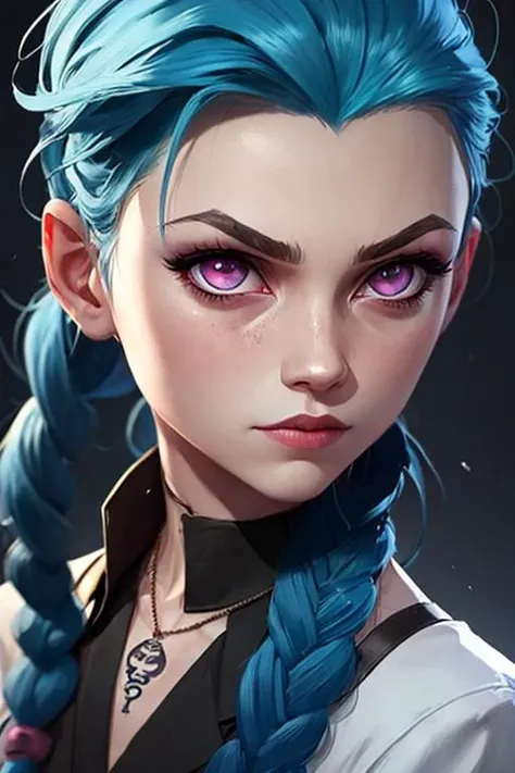 high quality, jinkesi_quan,jinkesi_lian,1 girl,with simple background,blue hair, tattoos, (pink eyes), (double braids), ((long braids)) ((raised eyebrows)) looking at audience
(black frilly tie), white collared shirt, black suit. 
Necklace, Portrait, Shiny, (Original)
, (masterpiece), (illustration), (extremely fine and beautiful), perfect detail, realistic, (nice clear background: 1.25), (depth of field: 0.7), (beautiful face), casual, 
 <lora:jinkesi_x-000007:0.7> <lora:jinx-000001:0.2>