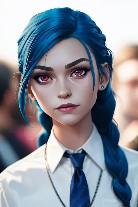 high quality, jinkesi_quan,jinkesi_lian,1 girl, simple background, blue hair, tattoos, (pink eyes), (side bangs), (double braids), ((long braids)) ((raised eyebrows)) looking at audience
(black frilly tie), white collared shirt, black suit, school uniform
pendant, necklace, jewelry, portrait, shiny, (original)
original, (masterpiece), (illustration), (extremely fine and beautiful), perfect detail, realistic, (nice clear background: 1.25), (depth of field: 0.7), (beautiful face), casual, <lora:jinkesi_x-000007:0.9>