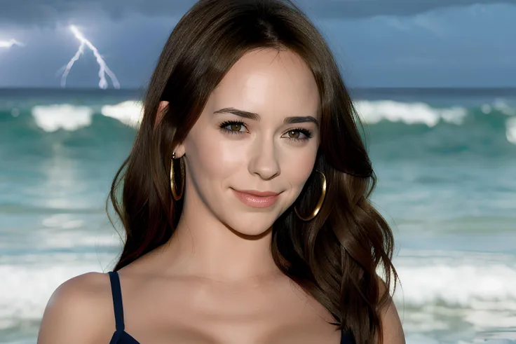 person, Ultra realistic Young Jennifer Love Hewitt real life actress, slim body, small hips, small tits, small ass, look at viewer, horny, seductrice eyes, sexual attraction, ultra realistic real life hair style, Ultra realistic real life detail dark brown eyes, Ultra realistic real life detail lips, Ultra realistic real life smile, Ultra realistic real life white teeth, RAW candid cinema, 16mm, color graded portra 400 film, remarkable color, ultra realistic detail textured skin, Ultra realistic tight gold mini bikini, ultra realistic random jewlery, remarkable detailed pupils, realistic tanned dull skin noise, visible skin detail, skin fuzz, moisturize skin, shot with cinematic camera, detailed skin texture, (blush:0.5), (goosebumps:0.5), subsurface scattering, warm professional lighting, (((walking close to the waves at the beach))), ultra realistic ocean wave, (((ultra realistic storm with lightning coming on background))), ultra realistic wind blow her hair, ((((extreme close up)))),