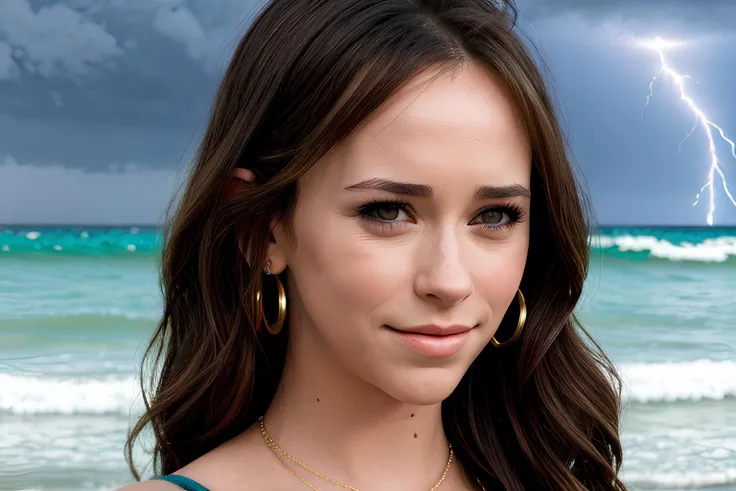 j3nn1f3rl0v3h3w1tt, Ultra realistic Young Jennifer Love Hewitt real life actress, slim body, small hips, small tits, small ass,  look at viewer, horny, seductrice eyes, sexual attraction, ultra realistic real life hair style, Ultra realistic real life detail dark brown eyes, Ultra realistic real life detail lips, Ultra realistic real life smile, Ultra realistic real life white teeth, RAW candid cinema, 16mm, color graded portra 400 film, remarkable color, ultra realistic detail textured skin, Ultra realistic tight gold mini bikini, ultra realistic random jewlery, remarkable detailed pupils, realistic tanned dull skin noise, visible skin detail, skin fuzz, moisturize skin, shot with cinematic camera, detailed skin texture, (blush:0.5), (goosebumps:0.5), subsurface scattering, warm professional lighting, (((walking close to the waves at the beach))),  ultra realistic ocean wave, (((ultra realistic storm with lightning coming on background))),  ultra realistic wind blow her hair,