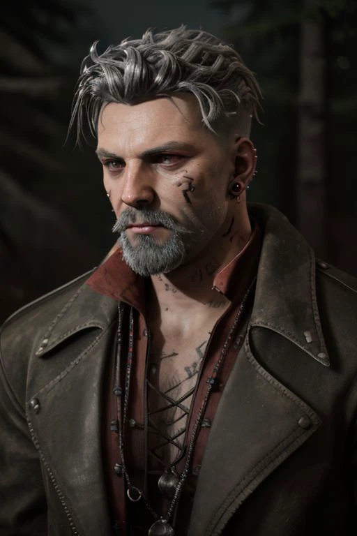 vittorio_toscano wearing a black jacket over a red shirt, jeans, 
Fighting in the forest, fog, night, scary,
gray hair, gray beard, earring, face tattoo,
upper body, hut background, detailed , masterpiece,
dark atmosphere, horror, terror, cinematic compostion, smooth skin,ultra realistic,32k,RAW photo,(high detailed skin:1.2), 8k uhd, dslr, soft lighting, high quality,
<lora:vittorio_toscano:0.8>