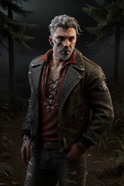 vittorio_toscano wearing a black jacket over a red shirt, jeans, 
Fighting in the forest, fog, night, scary,
gray hair, gray beard, earring, face tattoo,
upper body, hut background, detailed , masterpiece,
dark atmosphere, horror, terror, cinematic compostion, smooth skin,ultra realistic,32k,RAW photo,(high detailed skin:1.2), 8k uhd, dslr, soft lighting, high quality,
<lora:vittorio_toscano:0.8>