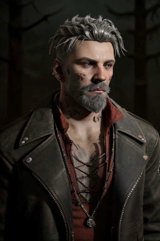 vittorio_toscano wearing a black jacket over a red shirt, jeans,
Fighting in the forest, fog, night, scary,
gray hair, gray beard, earring, face tattoo,
upper body, hut background, detailed , masterpiece,
dark atmosphere, horror, terror, cinematic compostion, smooth skin,ultra realistic,32k,RAW photo,(high detailed skin:1.2), 8k uhd, dslr, soft lighting, high quality,
<lora:vittorio_toscano:0.8>