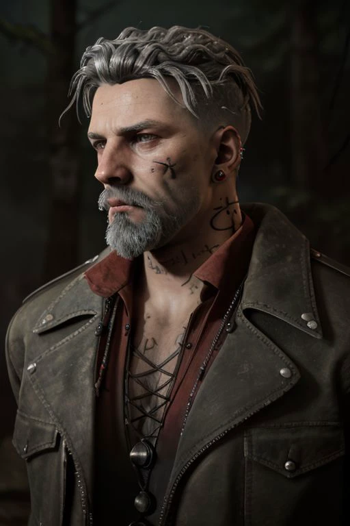 vittorio_toscano wearing a black jacket over a red shirt, jeans,
Fighting in the forest, fog, night, scary,
gray hair, gray beard, earring, face tattoo,
upper body, hut background, detailed , masterpiece,
dark atmosphere, horror, terror, cinematic compostion, smooth skin,ultra realistic,32k,RAW photo,(high detailed skin:1.2), 8k uhd, dslr, soft lighting, high quality,
<lora:vittorio_toscano:0.8>