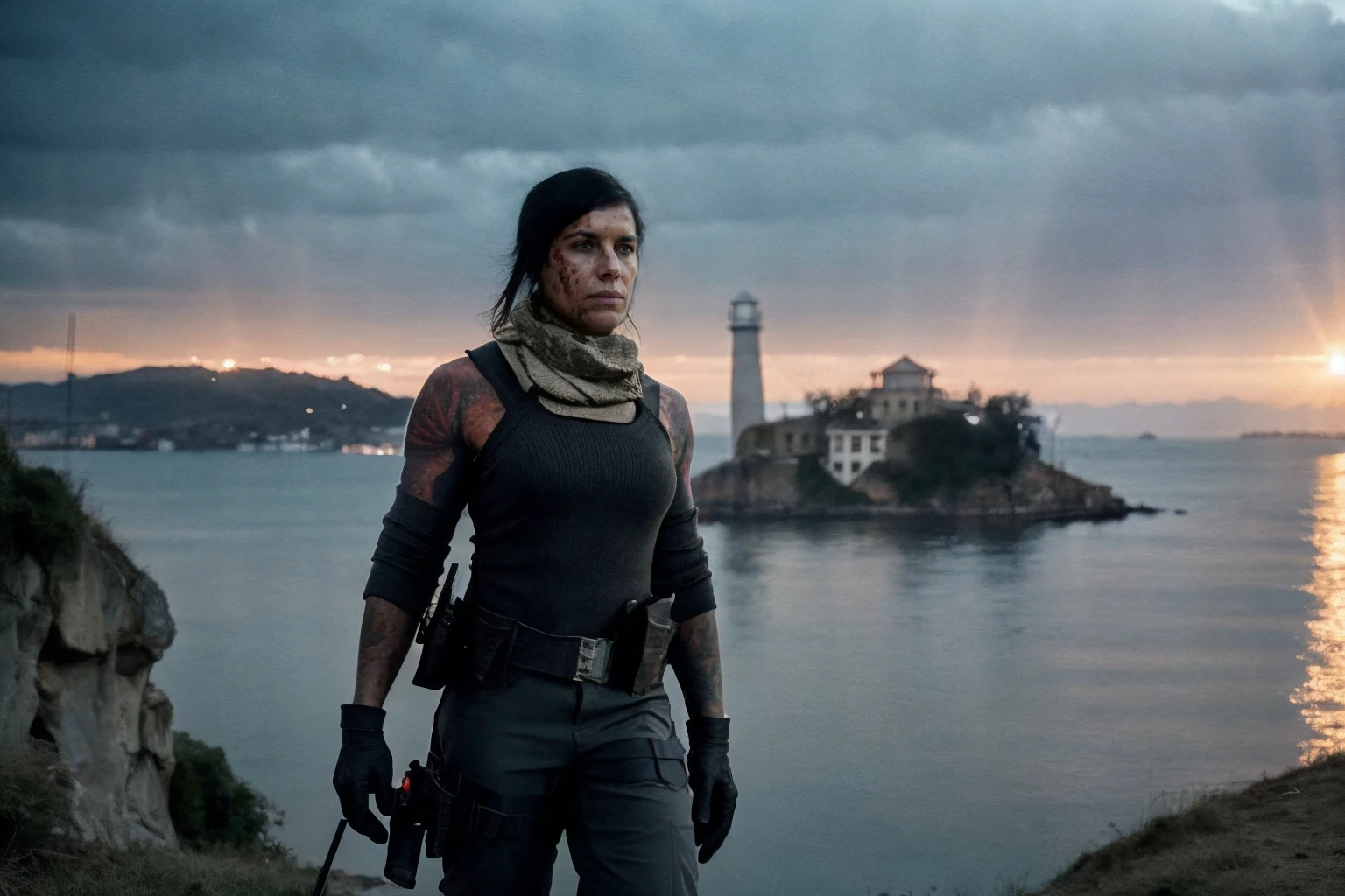 cinematic film still cowboy shot , portrait, mara (call of duty), 1girl, solo, black hair, gloves, scarf, tattoo, military, breasts, holster, pants, load bearing vest, umbrella, cloud, sky, sunlight, light rays, architecture, outdoors, sunbeam, cloudy sky, ( alcatraz in background:1.2), day, blurry, scenery, torii
<lora:mara_(call_of_duty):0.9> <lora:locon_blood_v1_from_v1_64_32:1.2> bloodyface, blood, bleeding, (taken with nikon f5, 55mm, f1/2 lens , dynamic angle, dark mood, national geographic style, atmospheric, vibrant tones, vivid colors, haze, cinematic, film grain, (analog, chromatic aberration):1.1), (detailed skin textures:1.15), . shallow depth of field, vignette, highly detailed, high budget, bokeh, cinemascope, moody, epic, gorgeous, film grain, grainy