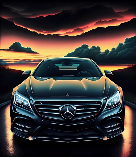 (abstract:1.2) front view (the mercedes car, beautiful clouds, night:1.1) portrait, artistic sharp gloomy art, DMMID Style