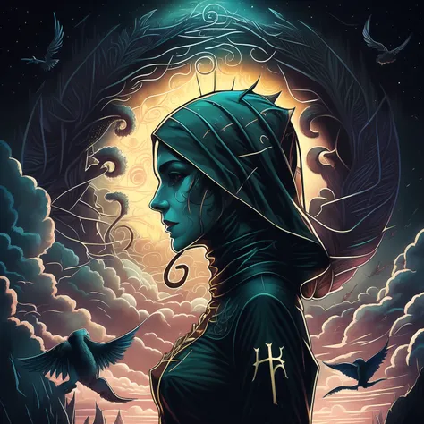 in profile the (the crazy nun one head with gorgeous curly hair fluttering in the wind:1.1) portrait, symmetrical artistic sharp art, dan mumford style, hdr, realism, dark fantasy atmosphere, lovecraft style, (DMMID style:1.3)