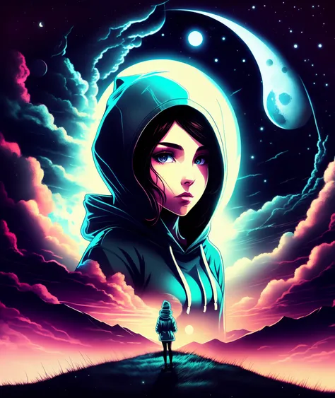 a woman in a hoodie looking at the camera, moon in the background