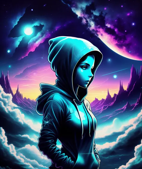 a woman looking at the camera, nebula sky moon in the background