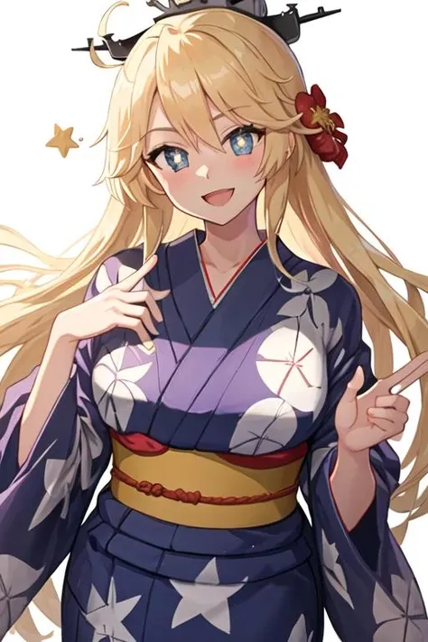 (Masterpiece, top quality: 1), 1 girl, solo, tail blade kanna, long-haired, fox ears, blush, kimono, kimono, halo, hair above one eye, animal ear fluff, blond hair, jagged teeth, look viewer, breast, smile