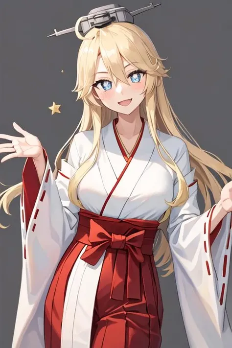 best quality, masterpiece, highres, solo, {white kimono:1.35}, {red hakama:1.35}, {wide sleeves:1.20}, {iowa_kantaicollection:1.15}, blonde_hair, long_hair, blue_eyes, star_\(symbol\), symbol-shaped_pupils, star-shaped_pupils, breasts, large_breasts, hair_between_eyes, smile, blush, open_mouth