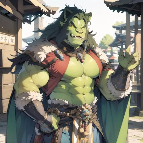 male orc, (fang out:1.2), Yoshitaka Amano painting of upper body of furry lion beast-man, medieval market, wearing complex fantasy bohemian clothing, Renaissance style lighting, <lora:Orc-G_V1.0:0.3:1:lbw=1, 0, 0, 0, 0, 0, 0, 0, 0, 1, 1, 1, 1, 1, 1, 1, 1>