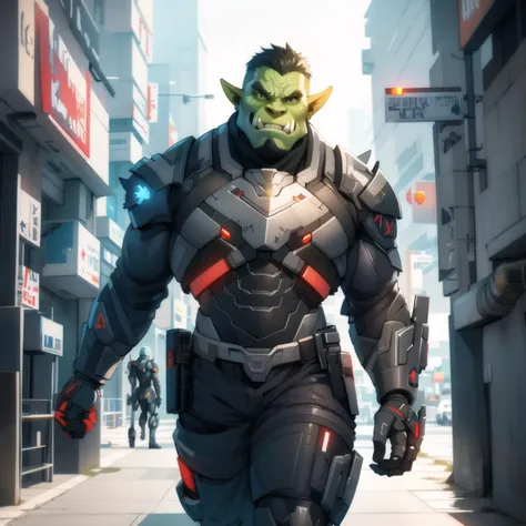 male orc, (fang out:1.2), medium shot of futuristic cyborg male police in a cyberpunk city, elegant, intricate, digital painting, concept art, sharp focus, mass effect, destiny, deus ex mankind divided <lora:Orc-G_V1.0:0.3:1:lbw=0, 0, 0, 0, 0, 0, 0, 0, 0, 1, 1, 1, 1, 1, 1, 1, 1>