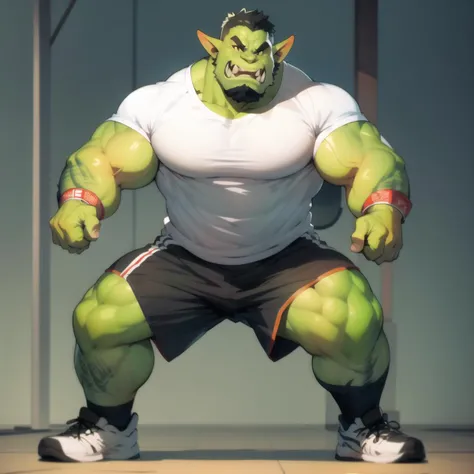 fang out, full body, orc, chubby muscular japanese male athlete in gym, looking at another, t-shirt, stubble, cinematic lighting, highly detailed,, <lora:Orc-G_V1.0:0.3:1:lbw=0, 0, 0, 0, 0, 0, 0, 0, 0, 1, 1, 1, 1, 1, 1, 1, 1>