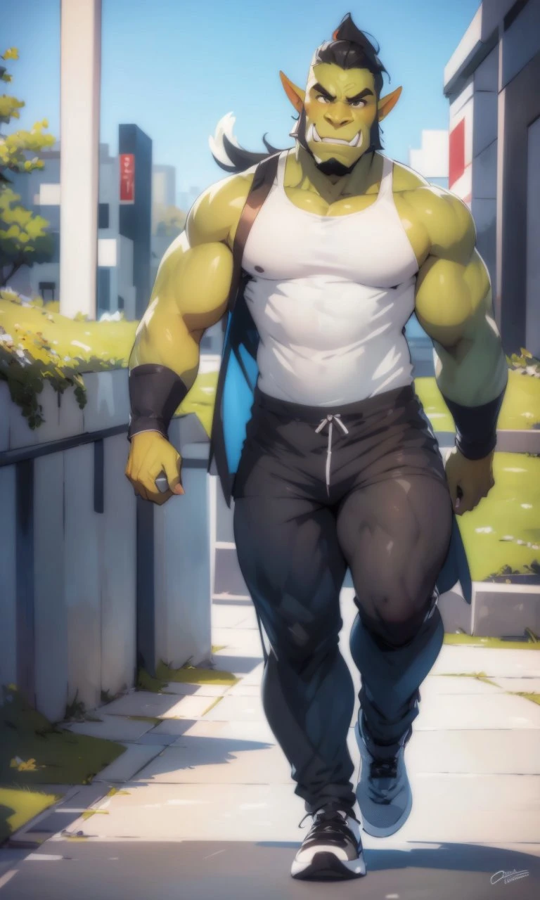 orc, mature male, track pants, runes, from side, looking away, <lora:Orc-G_V1.0:0.9>
