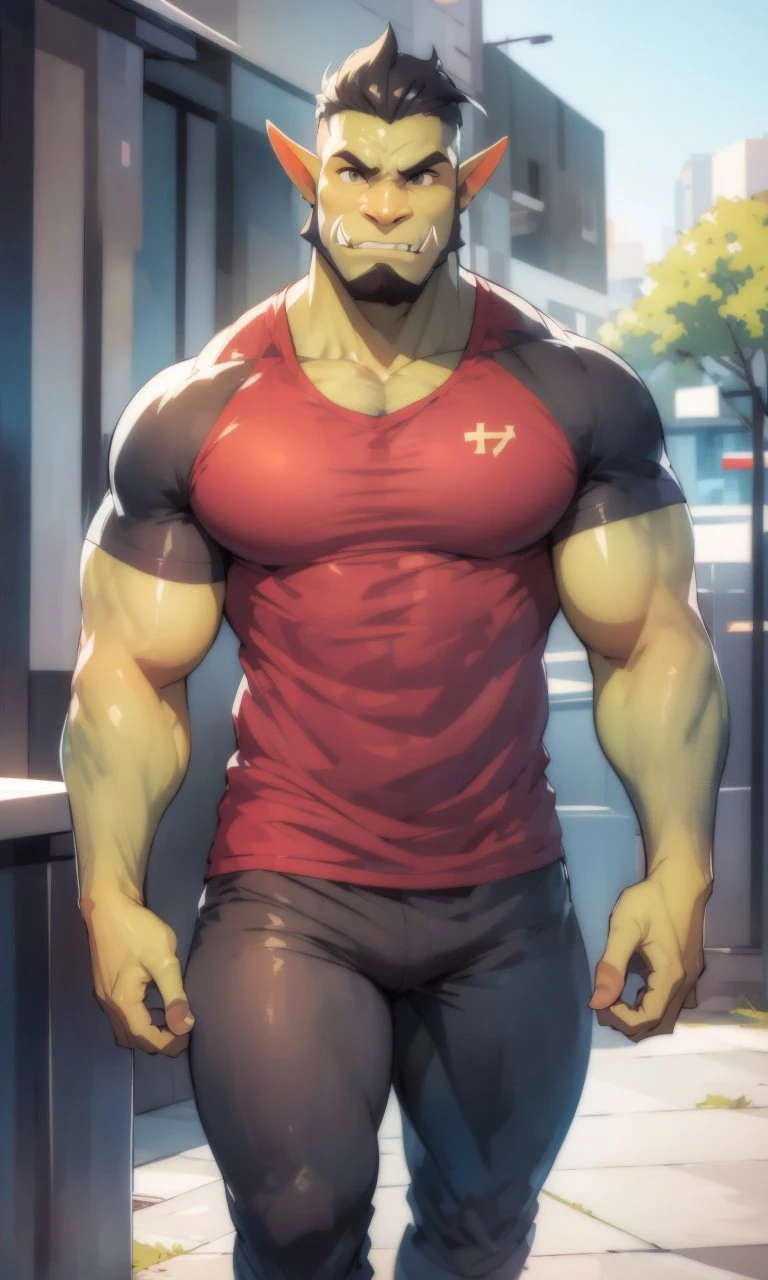 orc, mature male, track pants, runes, from side, looking away, <lora:Orc-G_V1.0:0.9>