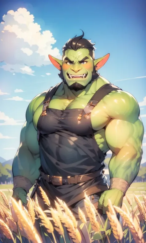 a large and extremely muscular orc warrior,highly masculine orc,rugged orc features,thick body hair orc,orc wearing flimsy loincloth, penis peaking out, Large manhood, Hairy, Armpits, bara, musky, Piercings, Barbarians, medieval village raid,best quality, anime, Masculine,
