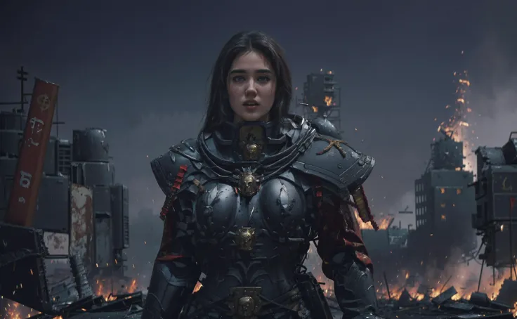 ((best quality)), ((detailed)), ((masterpiece)),  j3n2i773r50-smf resting after a hard battle, edgAdepta, ,wearing edgAdepta,power armor,shoulder armor,skull emblem, intricate details, hyper detail, illustration, complex, cinematic, detailed face, destroyed city background, battlefield, burning ground, dark sky, <lora:more_details:0.3> <lora:JenniferConelly_CareerOpportunities_smf_lora_v01:1>, <lora:edgWar40KAdeptaSororitas:1>