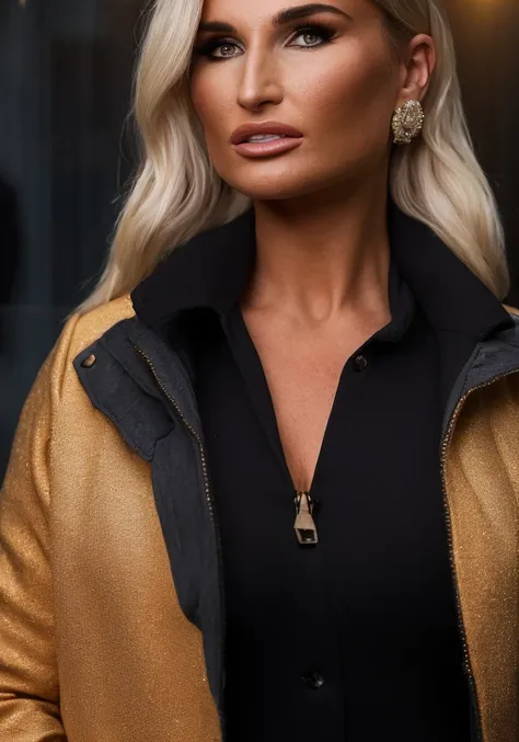 billie faiers, (sharp focus:1.2), photo, attractive young woman, (beautiful face:1.1), detailed eyes, luscious lips, (winged eyeliner:0.85), (tight body:1.2), (dark hair:1.2), wearing (jacket:1.2) at a (shop:1.2). (moody lighting:1.2), depth of field, bokeh, 4K, HDR. by (James C. Christensen:1.2|Jeremy Lipking:1.1).