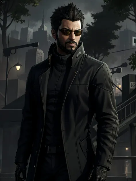 talojiadamjensen with shades wearing coat in a park close to a city, wallpaper, intricate, intricately detailed face and eyes, sharp focus, rtx, realistic body proportions, well drawn, masterpiece, ultra detailed, high quality, best quality, 4k, 8k <lora:talojiadamjensen:0.48>