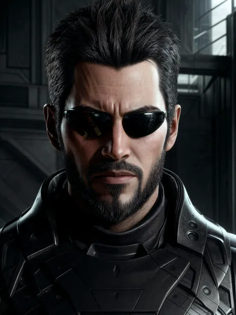 close up of talojiadamjensen with shades wearing armor standing in front of a futuristic building, ultra realistic, realism, wallpaper, intricate, intricately detailed face and eyes, sharp focus, well drawn, masterpiece, ultra detailed, high quality, best quality, 4k, 8k <lora:talojiadamjensen:0.48>