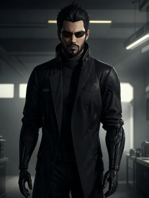 talojiadamjensen with shades wearing coat standing in a room, black bionic hands, wallpaper, intricate, intricately detailed face and eyes, sharp focus, rtx, realistic body proportions, professionally color graded, professional photography, well drawn, masterpiece, hyper realistic, ultra detailed, high quality, best quality, 4k, 8k, raw, hdr <lora:talojiadamjensen:0.5>